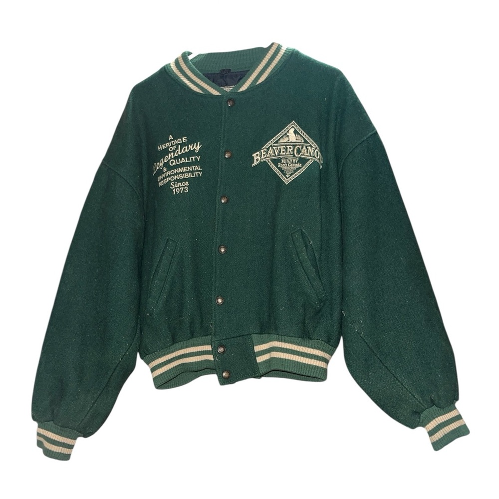 Roots canada vintage bomber varsity green jacket size large beaver canoe